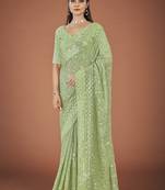 Green Heavy Thread And Sequins Work Embroidered Saree For Partywear
