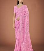 Pink Heavy Thread And Sequins Work Embroidered Saree For Partywear