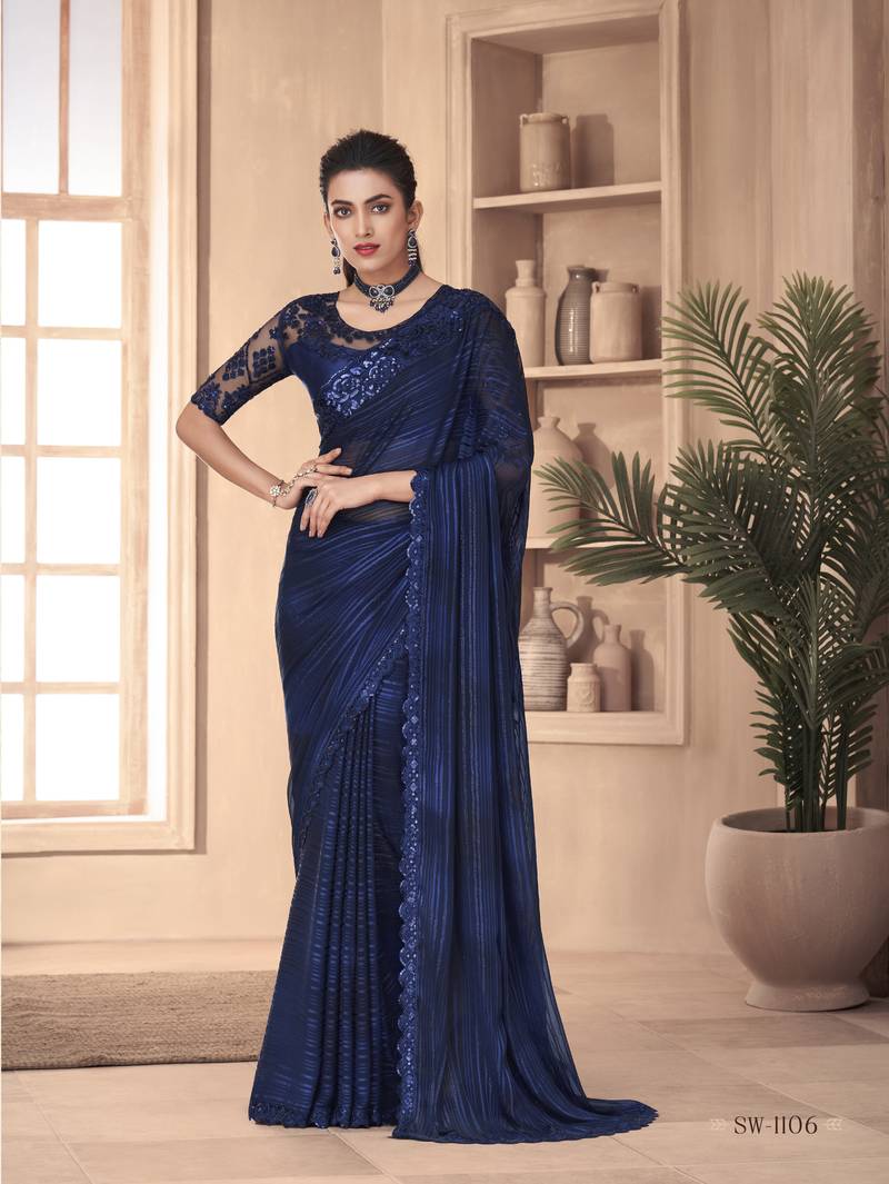 Navy blue woven silk saree with blouse
