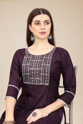 Wine Colour Smart Budgeted Embroidered Kurti For Ethnic Girls 3