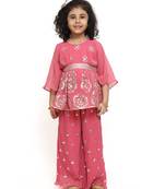 Pink embroidered georgette girls-top-bottom