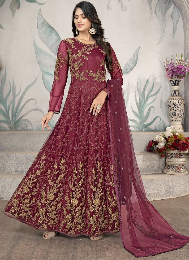 Burgundy Colour Bollywood Style Anarkali Dress For Graceful Looks - KSM  PRINTS - 4129878