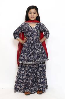 Blue printed cotton girls-top-bottom