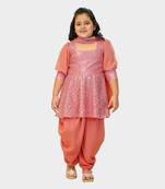 Pink embroidered georgette girls-top-bottom