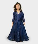 Blue embroidered net kids-girl-gowns