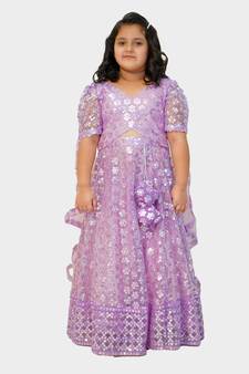 Purple embroidered net girls-top-bottom