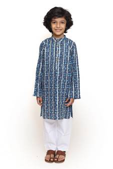 Blue printed cotton boys-kurta-pyjama