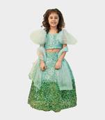 Green embroidered net girls-top-bottom