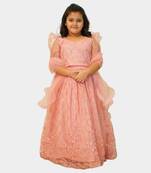 Pink embroidered net girls-top-bottom