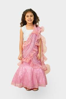 Pink embroidered net girls-top-bottom