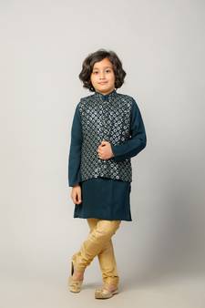 Blue embroidered georgette boys kurta