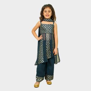 Blue embroidered georgette girls-top-bottom 1