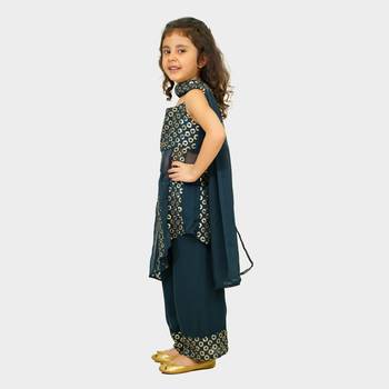Blue embroidered georgette girls-top-bottom 2