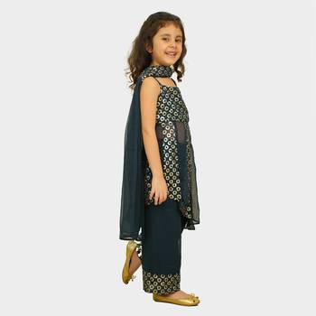 Blue embroidered georgette girls-top-bottom 3