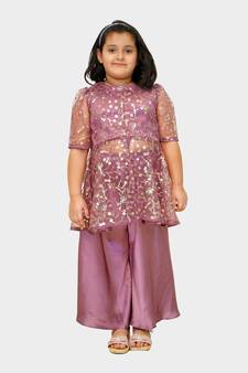 Purple embroidered net girls-top-bottom