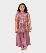 Purple embroidered net girls-top-bottom