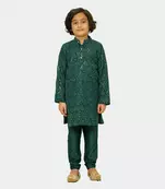 Green embroidered georgette boys-kurta-pyjama