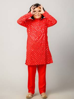 Red embroidered georgette boys-kurta-pyjama 1