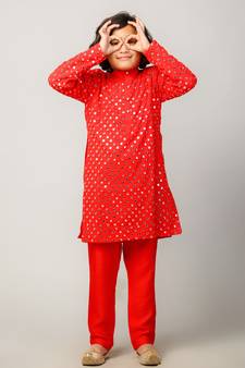 Red embroidered georgette boys-kurta-pyjama