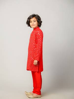 Red embroidered georgette boys-kurta-pyjama 4