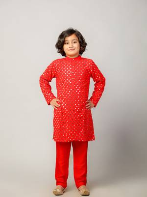 Red embroidered georgette boys-kurta-pyjama 5