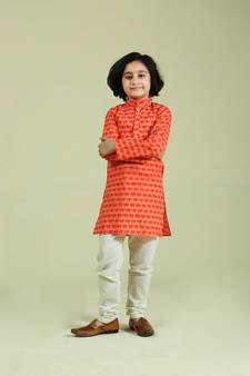 Orange printed cotton boys-kurta-pyjama