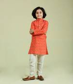 Orange printed cotton boys-kurta-pyjama