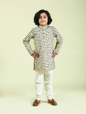 Beige printed cotton boys-kurta-pyjama 1