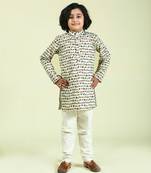 Beige printed cotton boys-kurta-pyjama