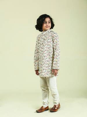 Beige printed cotton boys-kurta-pyjama 2