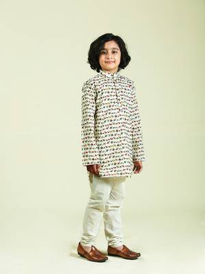 Beige printed cotton boys-kurta-pyjama 3