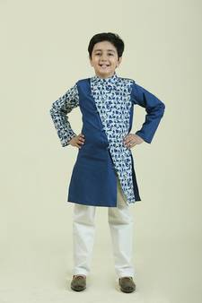 Blue printed cotton boys-kurta-pyjama