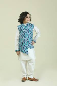 Blue printed cotton boys-kurta-pyjama
