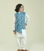 Blue printed cotton boys-kurta-pyjama