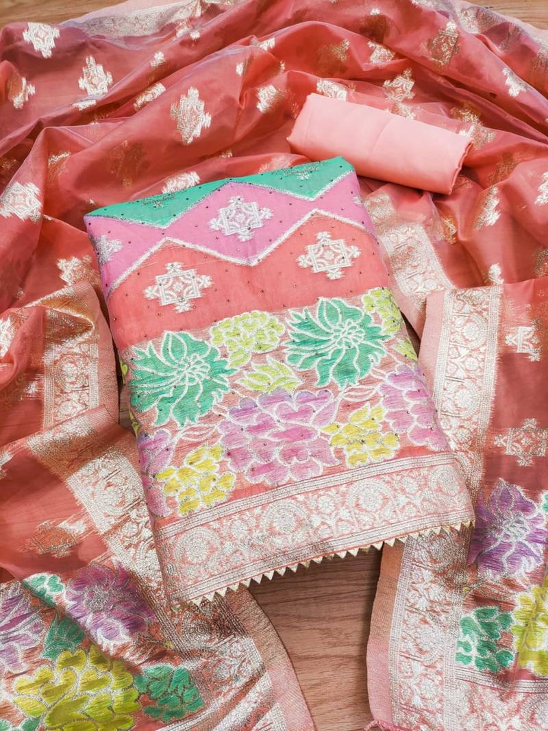 Peach diamond work organza salwar