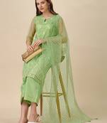 Women   s Foil Printed Kurti And Pant Set With Foil Printed Net Dupatta (Parrot) (MAK12FOIL)