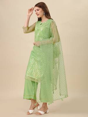 Women   s Foil Printed Kurti And Pant Set With Foil Printed Net Dupatta (Parrot) (MAK12FOIL) 3
