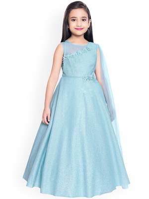 Blue solid silk blend kids-frocks 1