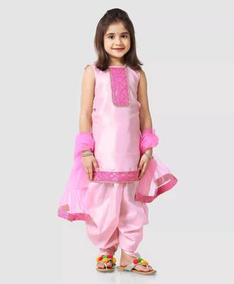 Pink embroidered raw silk girls-top-bottom 1