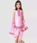 Pink embroidered raw silk girls-top-bottom