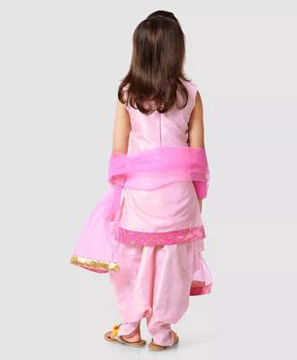 Pink embroidered raw silk girls-top-bottom 2