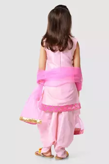 Pink embroidered raw silk girls-top-bottom