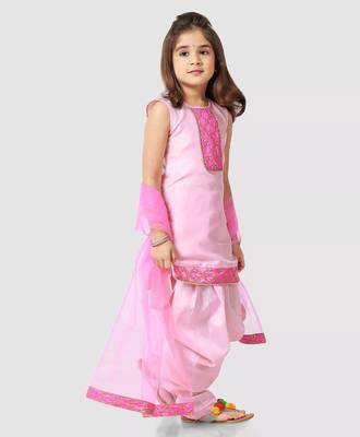 Pink embroidered raw silk girls-top-bottom 3