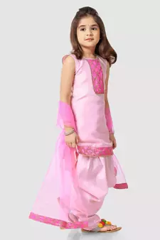 Pink embroidered raw silk girls-top-bottom
