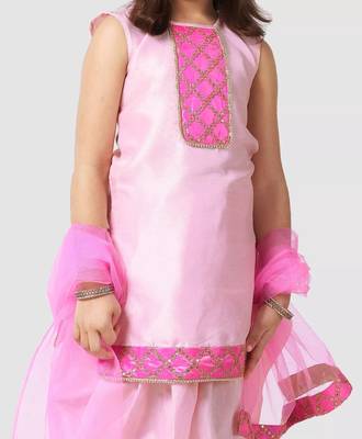 Pink embroidered raw silk girls-top-bottom 4
