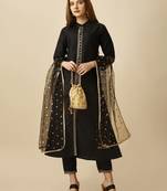 Women   s Embroidered Silk Blend Kurta And Pant Set With Net Dupatta (Black) (MAK61SEQUINED)