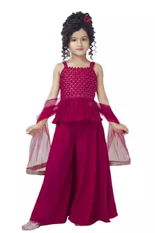 Pink embroidered rayon girls-top-bottom