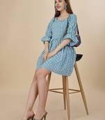 Women   s Silk Blend Square Butta Flared Knee Length Top (Blue) (MAT12BUTTI)