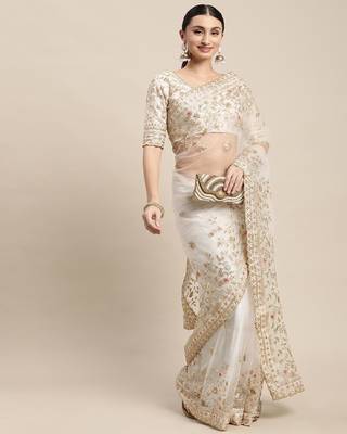 Soft Net Saree  With Embroidered Border With Blouse 1