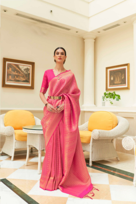 Pink Kishika silk bland Banarasi style zari weaving saree with Blouse 1